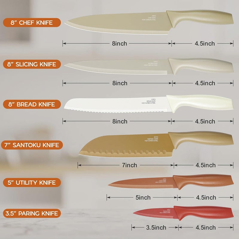 E-far 12-Piece Kitchen Knife Set, Stainless Steel Chef Knives Set with 6 Blade Guards, Sharp Kitchen Cooking Knife with Ergonomic Handle, Anti-Rust & Easy to Clean (Multicolor) - Image 2